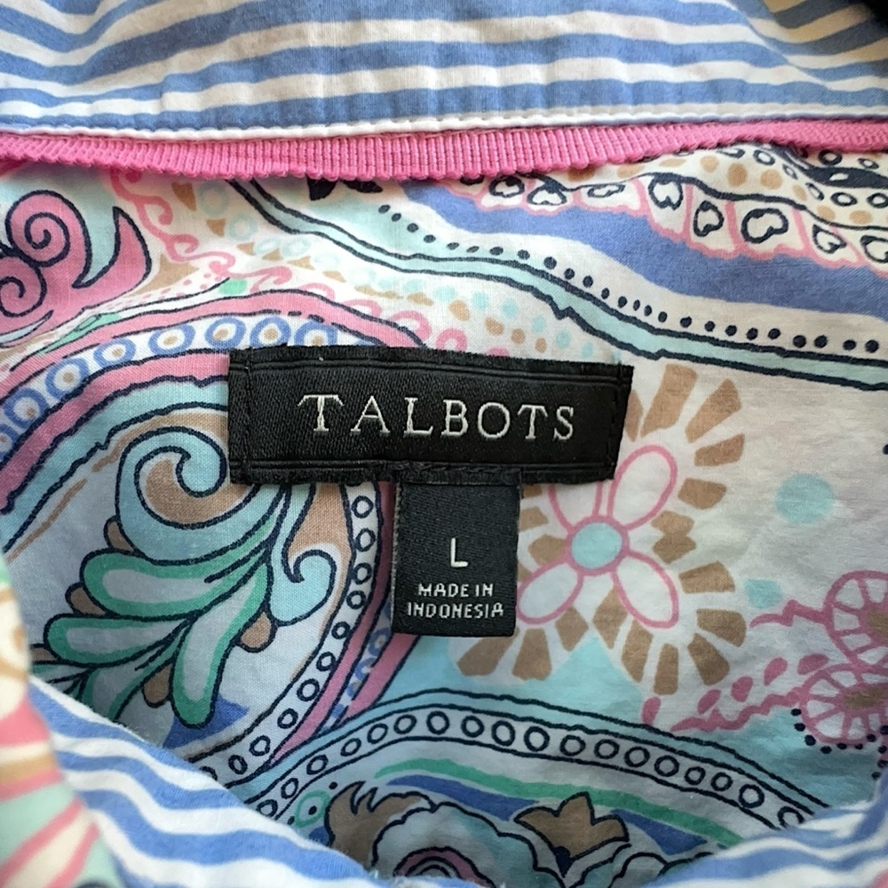 TALBOTS LONG SLEEVE PAISLEY BLOUSE BUTTON FRONT PURE COTTON PINK & BLUE | LARGE - Picture 11 of 11